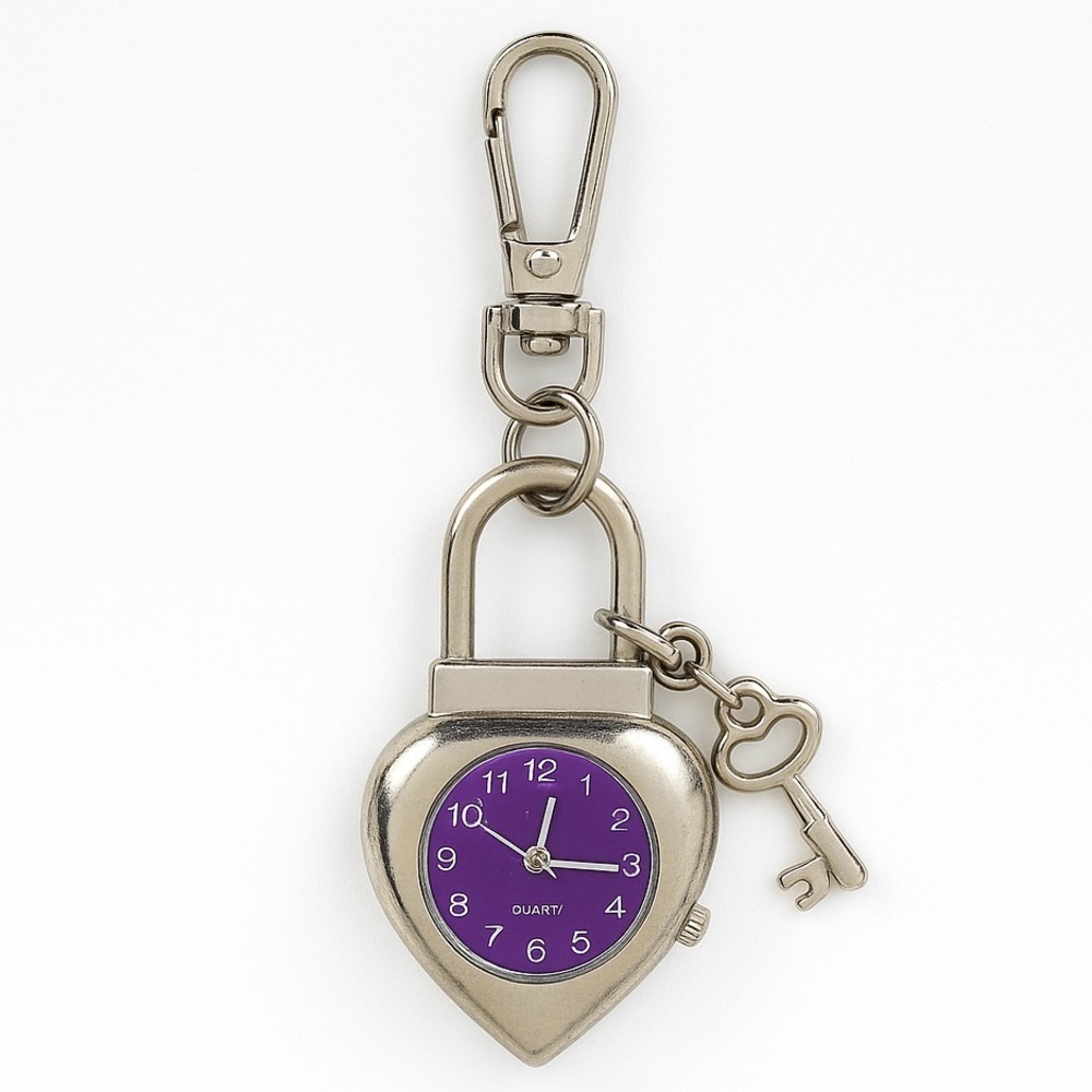 Heart Lock Keychain Watch With Purple Face And Key Charm